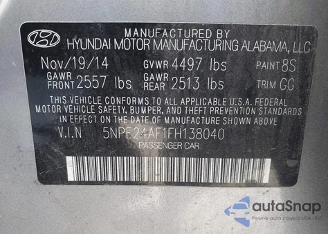 2015 Hyundai Sonata Se from USA, damaged, VIN 5NPE24AF1FH138040